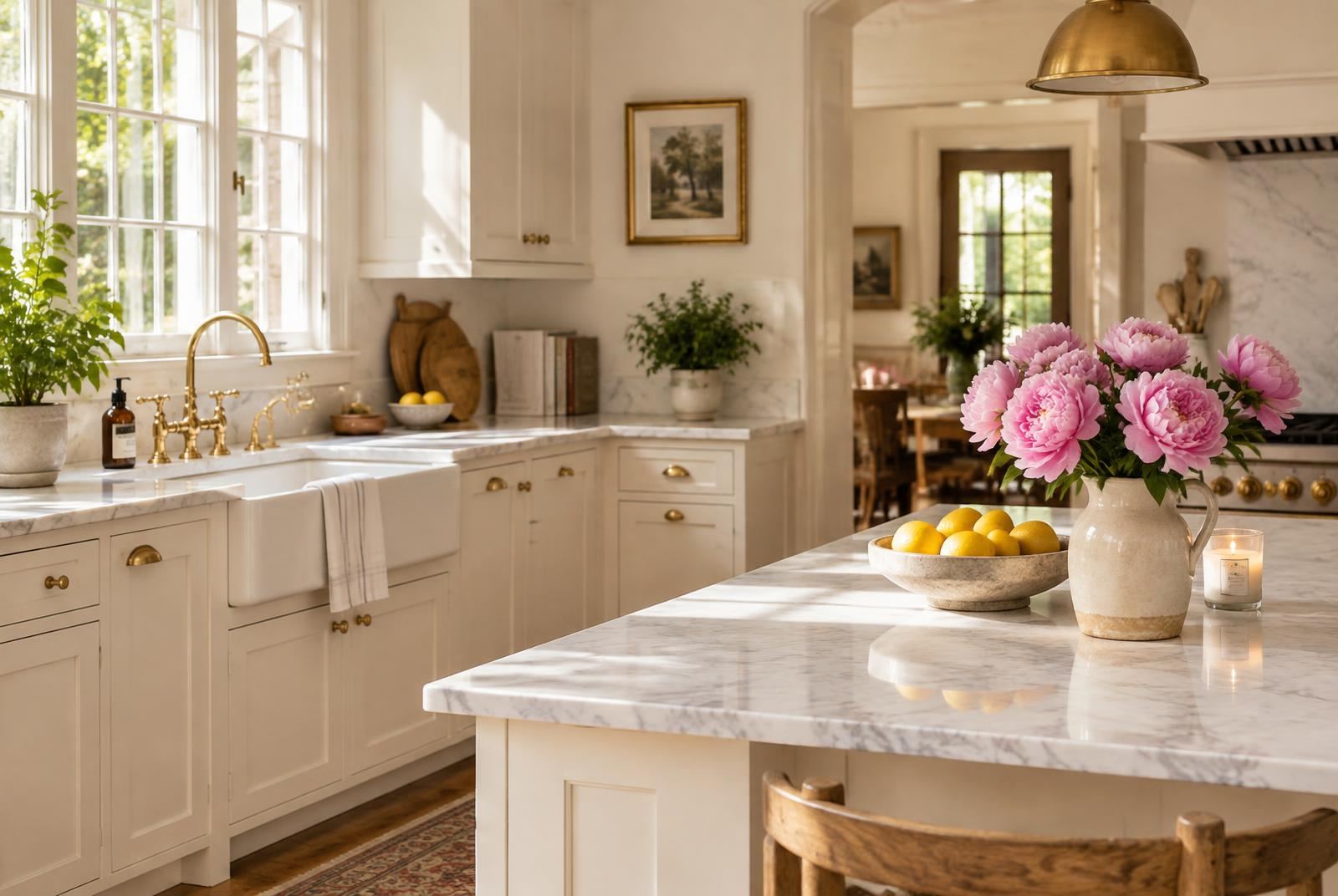 Sunlit kitchen with clean marble counters